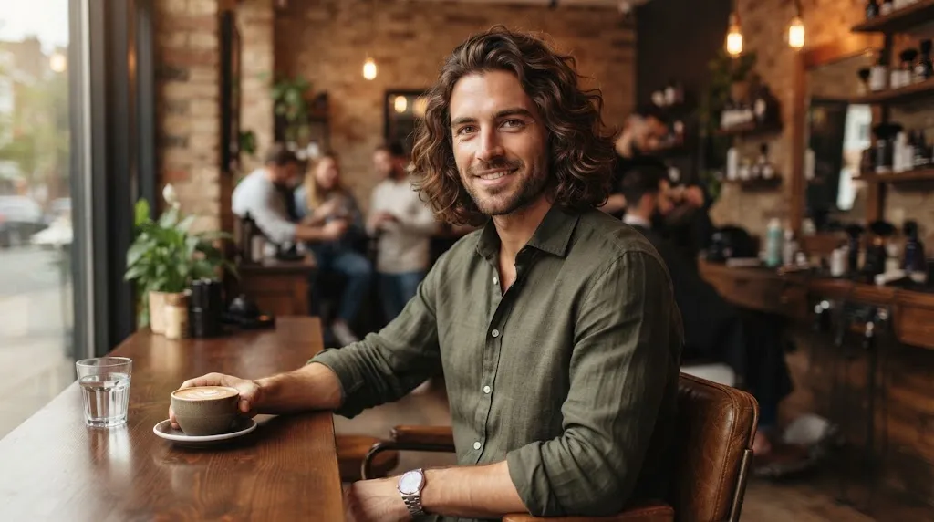 A stylish man with natural wavy hair and balanced side volume designed for a long face shape