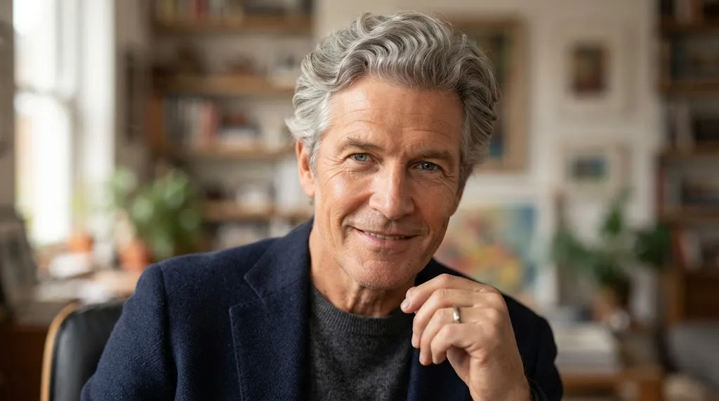 An older man with natural, healthy wavy grey hair styled in a modern, well-groomed haircut.