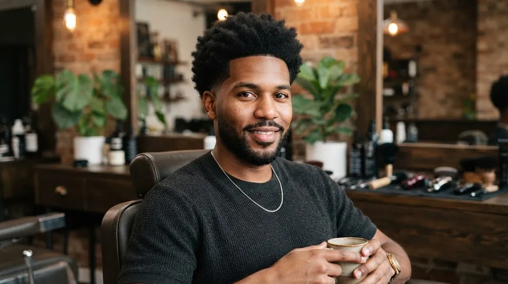 A stylish man with well-groomed black and coily afro-textured hair and a low taper fade complementing an oblong face shape