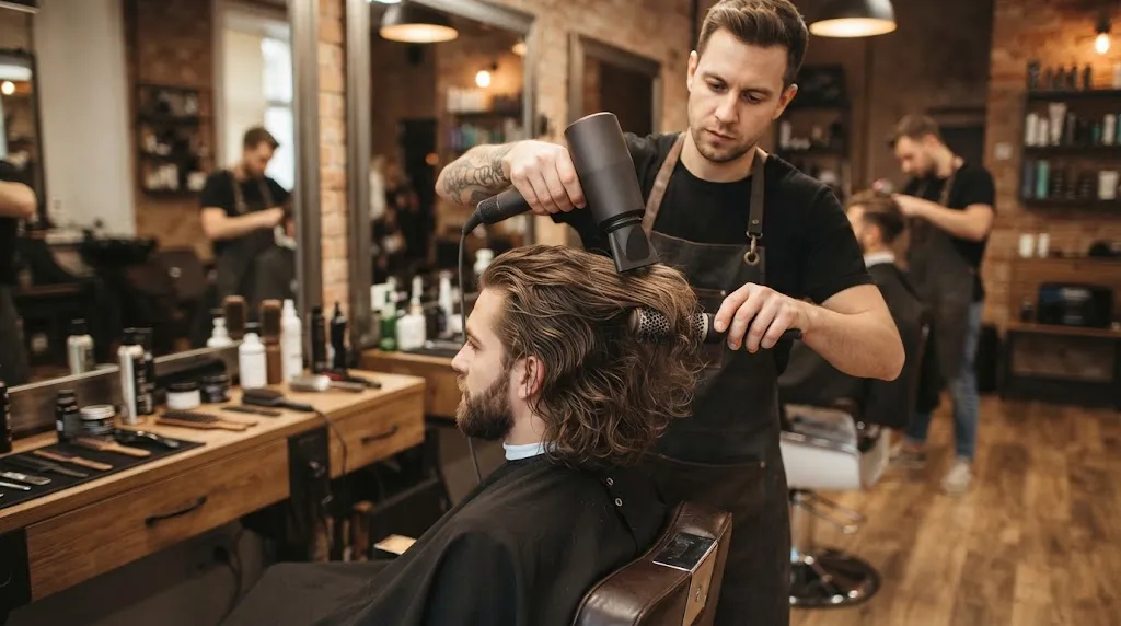 A professional barber blow-drying a man's medium-length hair with a concentrator nozzle and brush for volume and shape