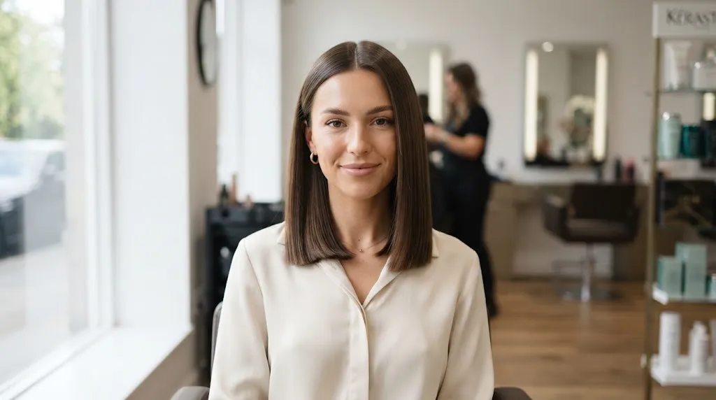 A woman with a sleek, precise blunt bob haircut showcasing smooth, silky straight hair with a sharp collarbone-length edge.