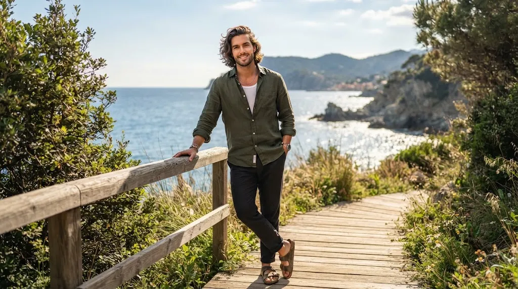 A handsome man with stylish medium-length wavy hair in a bro flow hairstyle outdoors, showcasing lateral width for a long face shape