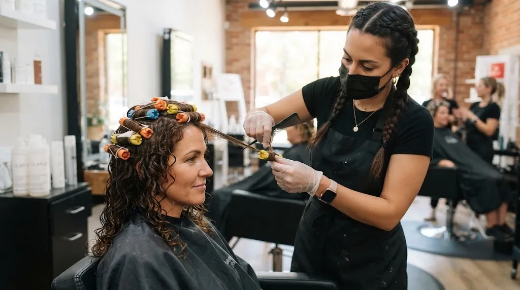 Professional hair stylist performing a permanent hair setting and perming treatment in a modern salon.