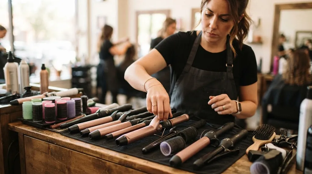 Professional hairstylist sorting through different sizes of curling irons and hair rollers to match specific hair textures