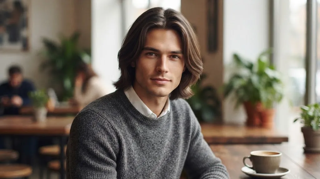 A handsome man with a stylish middle-part classic curtain haircut sitting in a modern cafe.