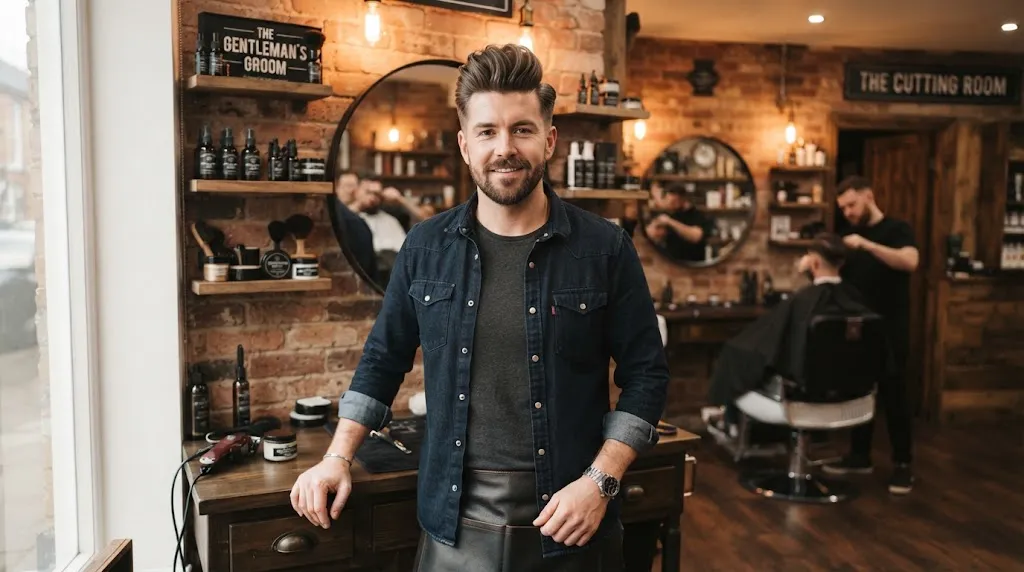 A stylish man showcasing a voluminous classic pompadour haircut with structured root lift in a modern barbershop setting