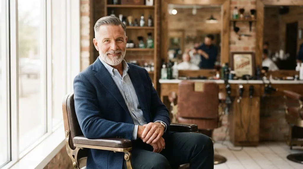 A stylish older man with a clean, professional side part haircut sitting in a modern barbershop