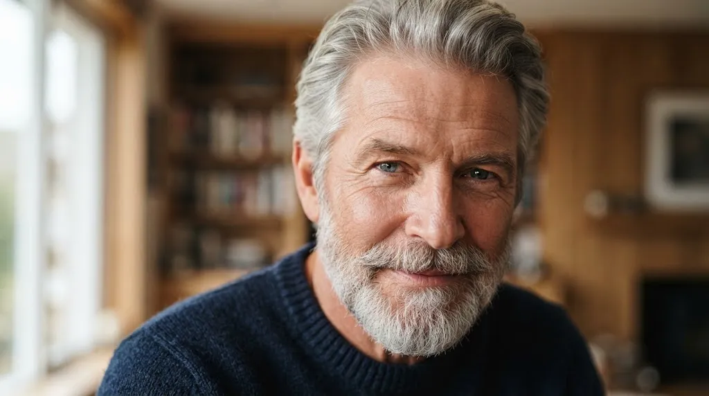Close-up portrait of an older man with well-groomed, healthy coarse silver and grey hair showcasing proper texture and care