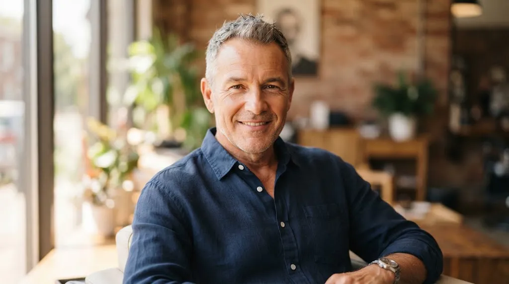 A portrait of a smiling, mature older man with salt-and-pepper hair confidently showing his natural receding hairline, wearing a navy blue shirt.