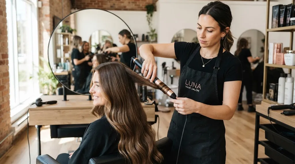 Professional hairstylist using a curling iron to style and set hair sections for long-lasting curls