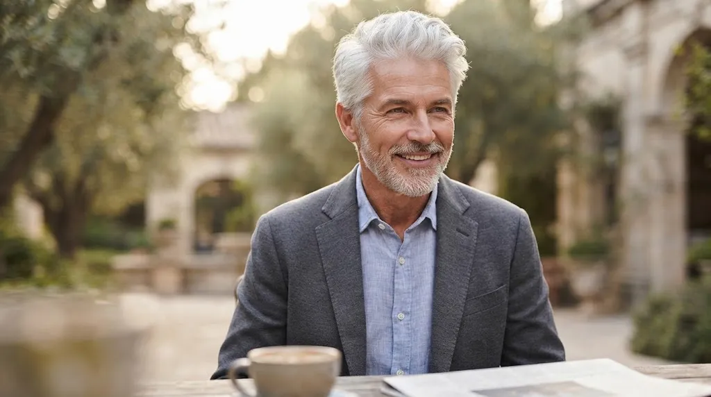 A smiling older man with thick, textured silver and white hair and a well-groomed beard, sitting outdoors at a cafe table in a blazer.