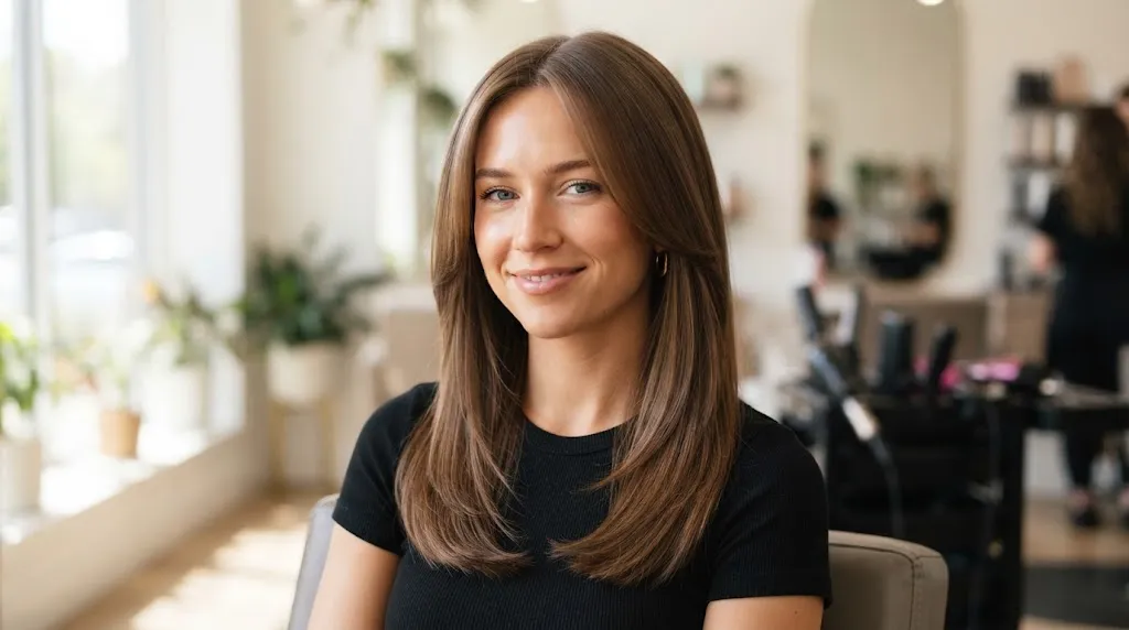 Face-framing layers haircut on smooth and silky straight hair with soft gradient movement