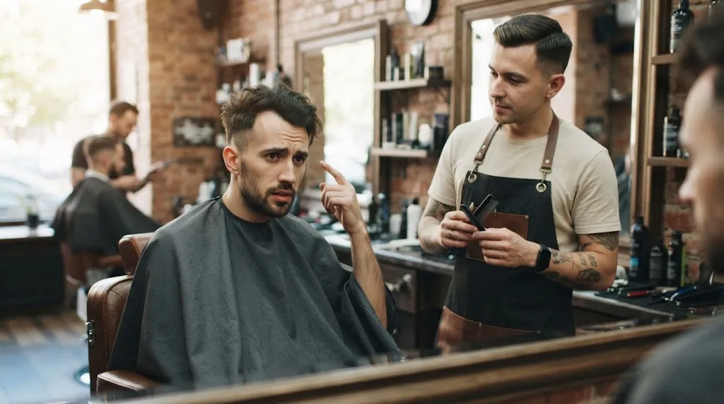 A man with a long face shape sitting in a barber chair pointing to his unsatisfactory haircut, which is too short on the sides and long on top, while looking at the barber.