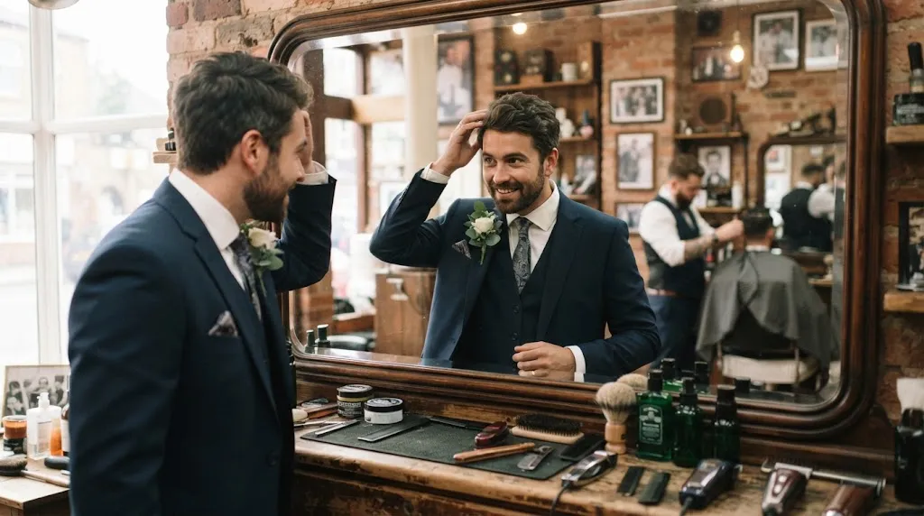 Professional groom consulting a barber to choose the best wedding haircut based on natural hair type and texture
