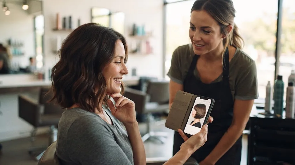 A smiling woman in a hair salon shows a picture of a box bob haircut on her smartphone to her stylist during a consultation.