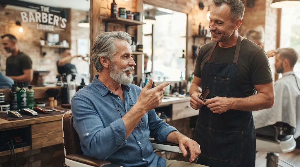 A distinguished older man with a beard discussing his haircut preferences with a professional barber in a modern barbershop.