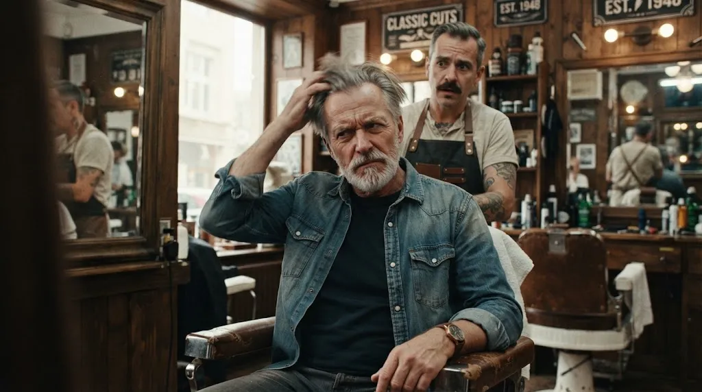 An older man looking thoughtfully in a barbershop mirror, representing hairstyles older men should avoid for a flattering look.