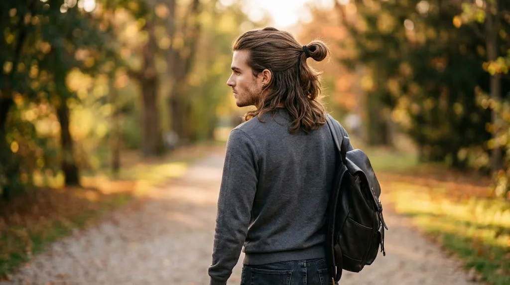 Side and back view of a man with medium long hair styled in a neat half-up man bun with lower locks falling over the neck