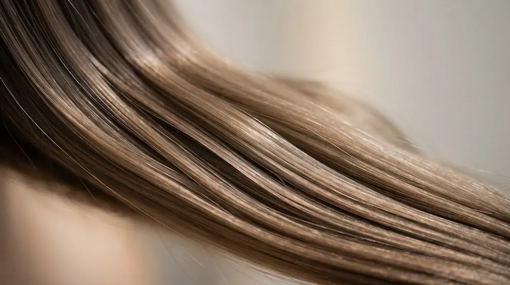 Close-up macro shot of smooth silky hair strands highlighting fine texture and low-friction cuticle alignment