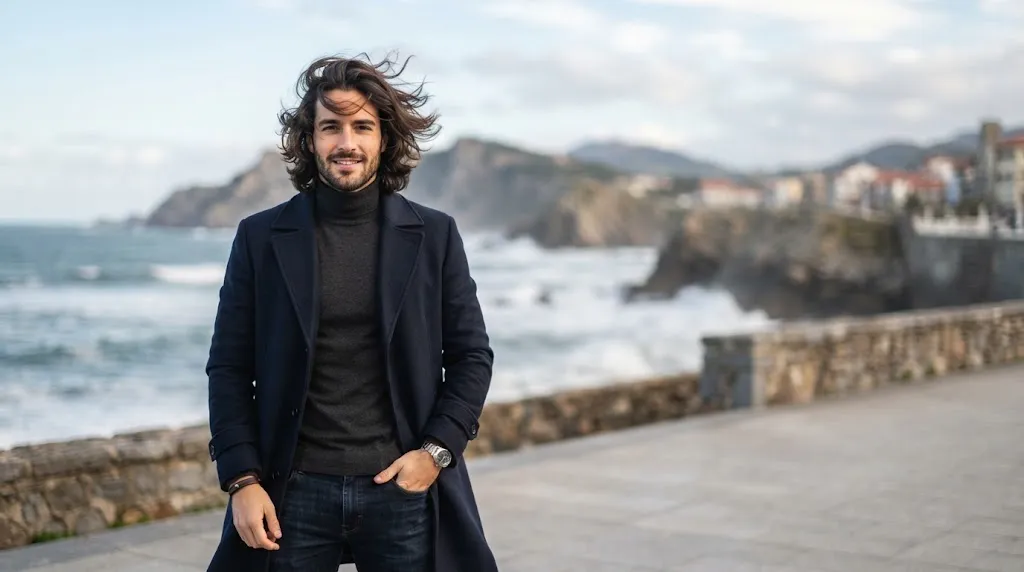A stylish man with smooth silky hair maintaining his haircut on a windy day