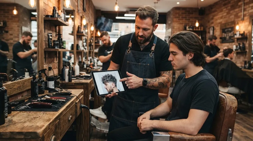A professional barber consulting a male client in a modern barbershop to discuss a medium length haircut reference