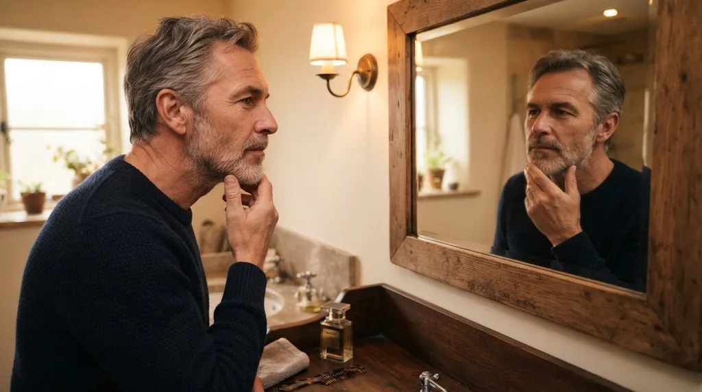 An older man looking into a mirror to figure out his face shape for choosing the best hairstyle