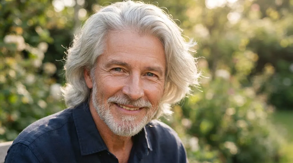 An older man showcasing clean, healthy, and well-conditioned silver-grey hair with natural texture and shine
