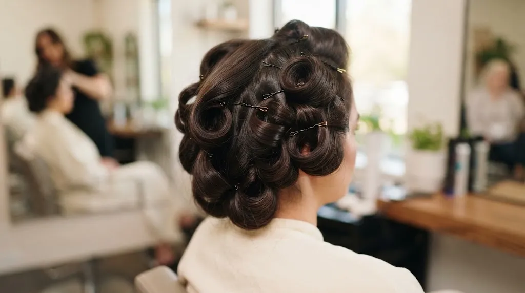 Close-up of freshly styled hair pinned up to cool completely for a long-lasting curl set