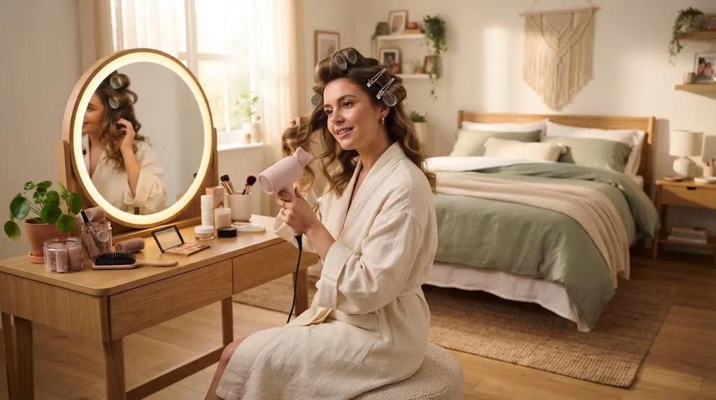 A person setting and styling their hair at home using professional tools in a bright, modern room