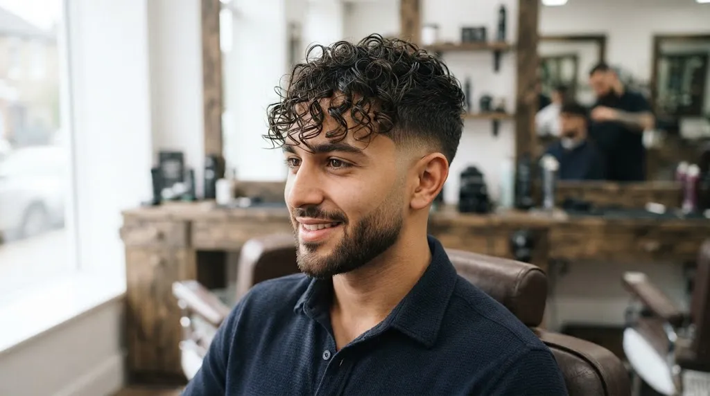 A man with defined, hydrated curly hair styled into a fringe falling forward over his forehead in a salon setting.