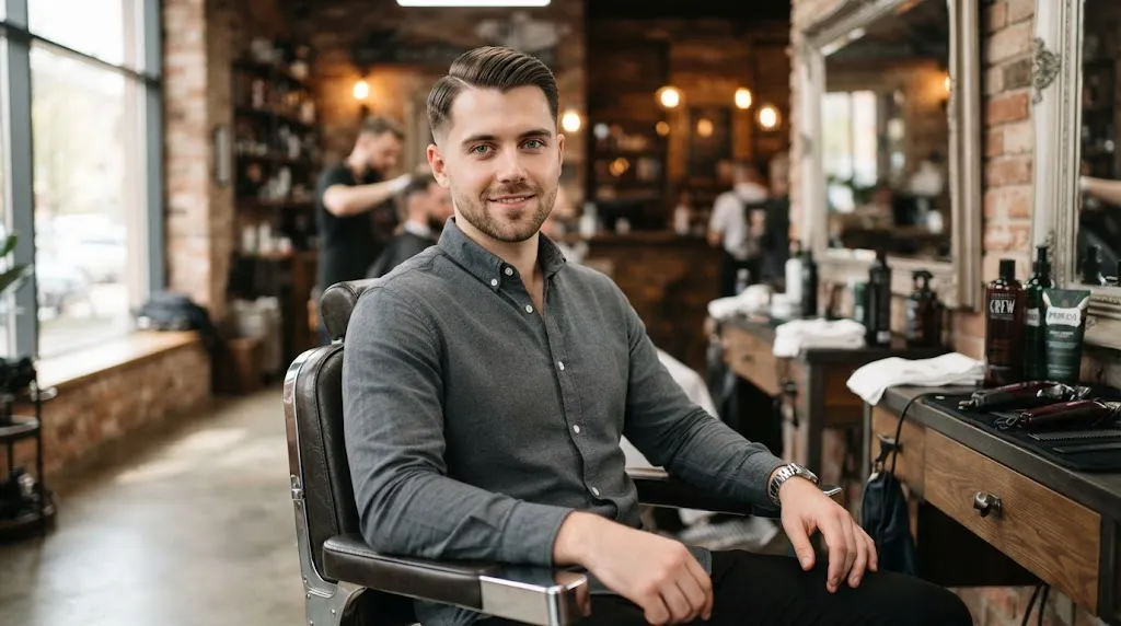 A stylish man with a classic Ivy League cut featuring a clean side part and low-volume top designed for a long face shape