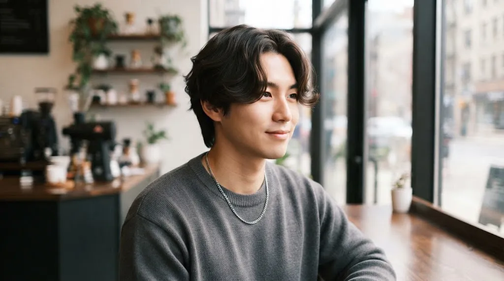 A handsome young man with a trendy Korean perm flow hairstyle, sitting in a cozy caf&eacute; setting.