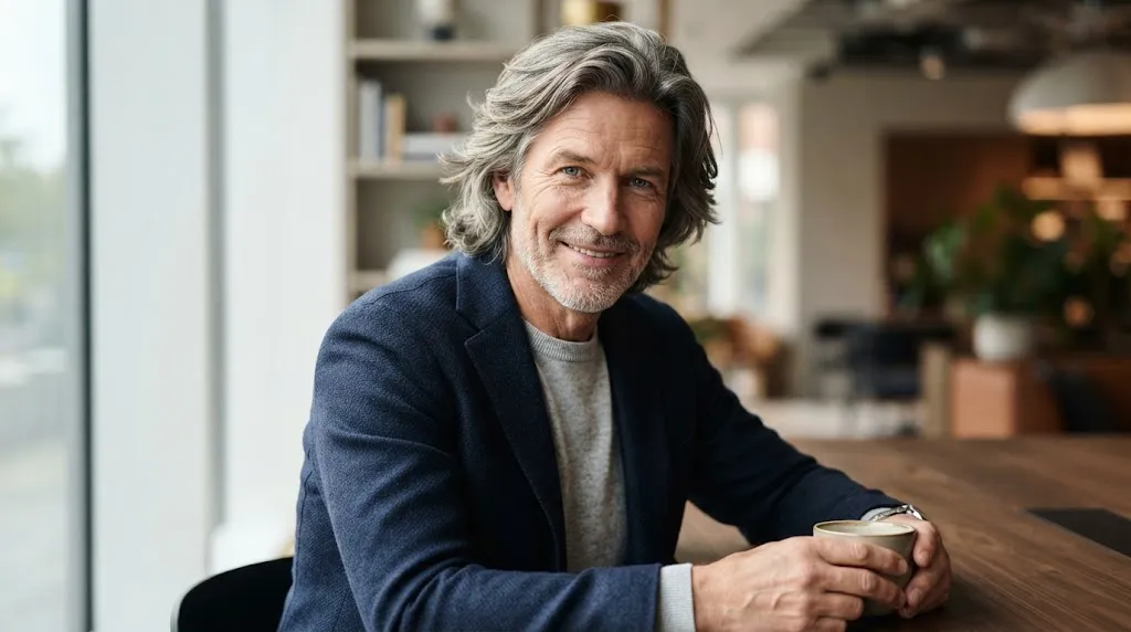 An older man with styled layered medium-length hair showcasing natural movement and texture