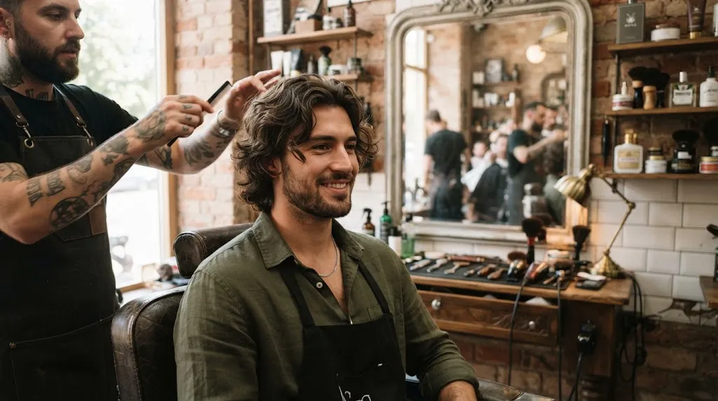 A stylish man with a textured layered shag medium-length haircut and natural waves in a professional setting