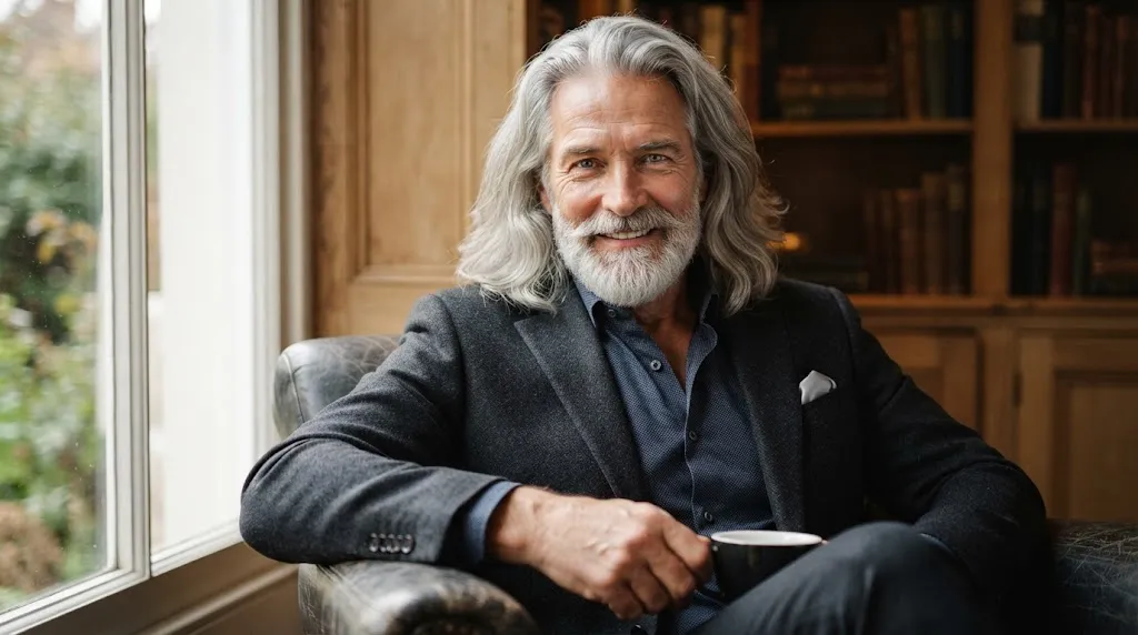 An older man with healthy, well-maintained long grey and silver hair in a professional portrait