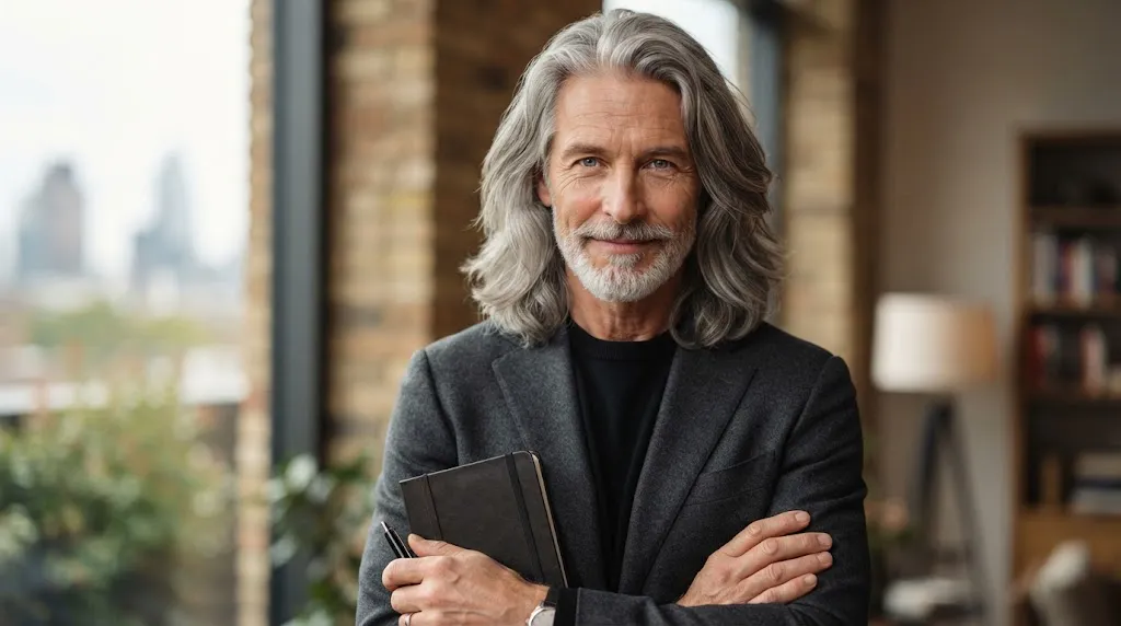 An older man with stylish, healthy long layered gray hair and a modern look