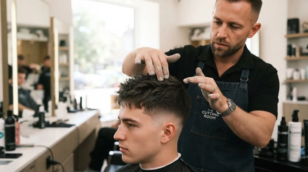 Professional barber styling short textured hair to add grip and volume to silky fine hair.