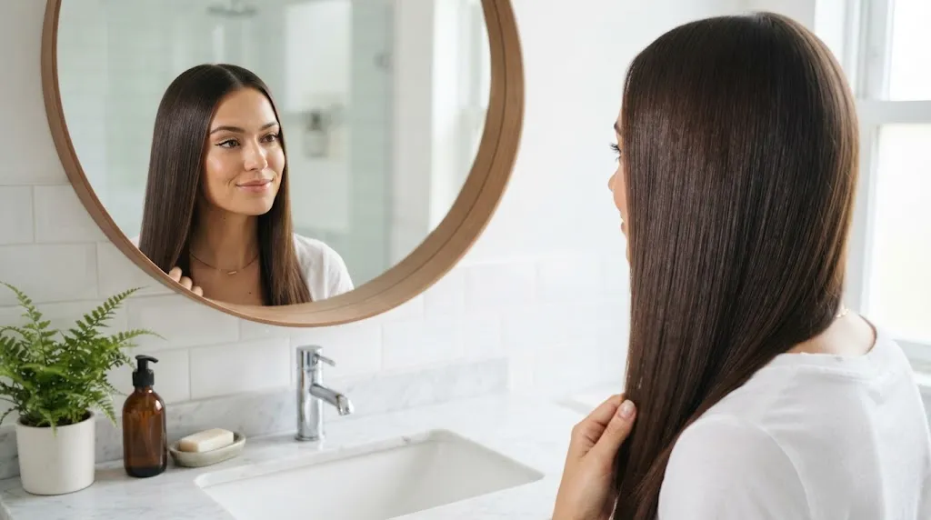 Close-up of smooth, well-managed silky hair showing no static or flyaways in a bright setting