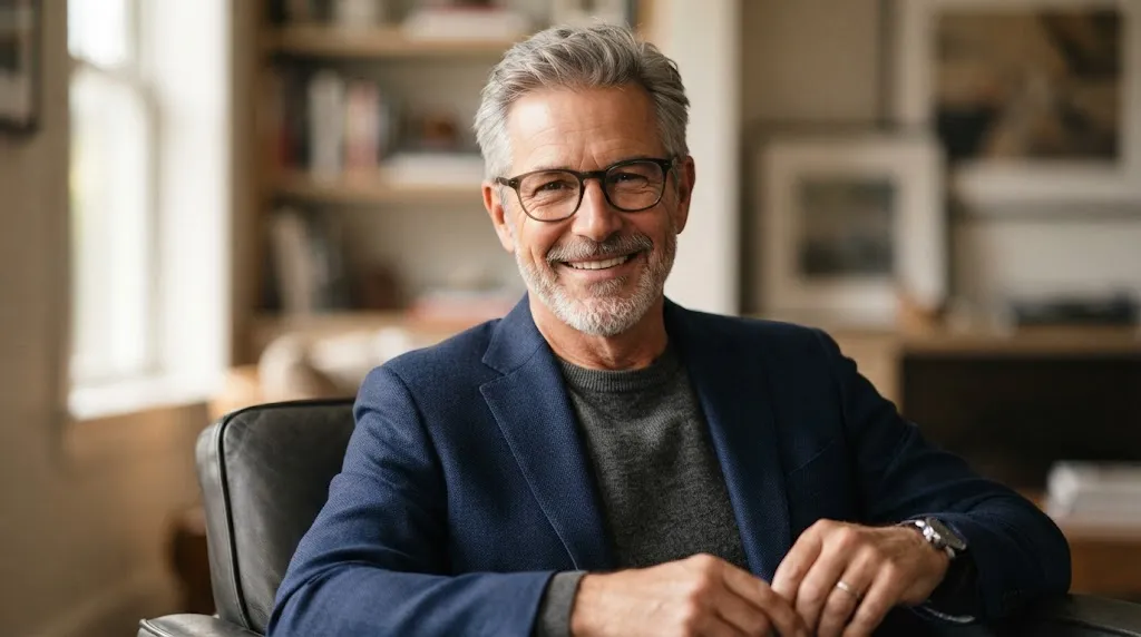 An older man with stylish gray hair and modern glasses showcasing a balanced haircut that matches his face shape.