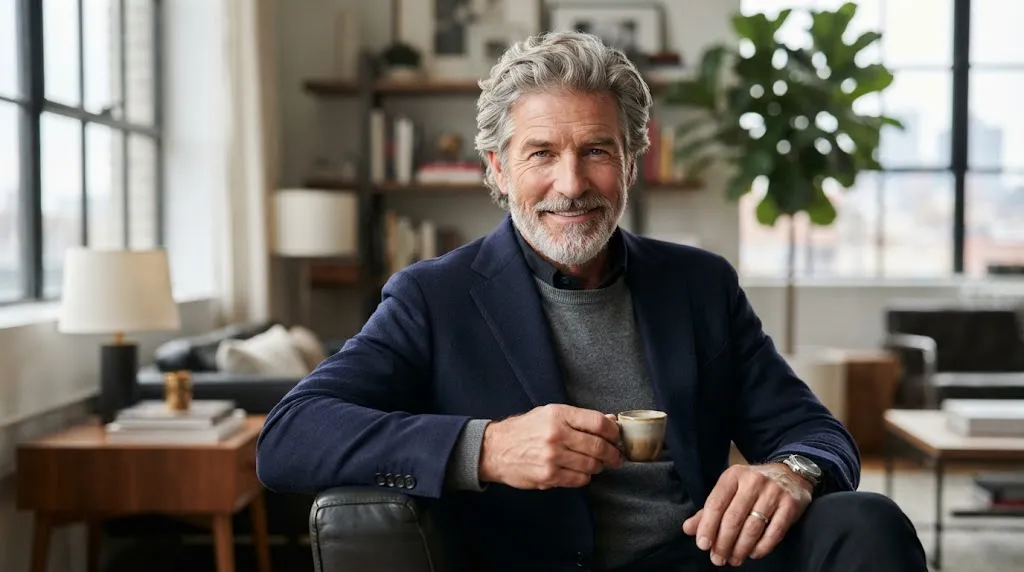 An older man with modern, stylish medium-length grey hair and a natural look.