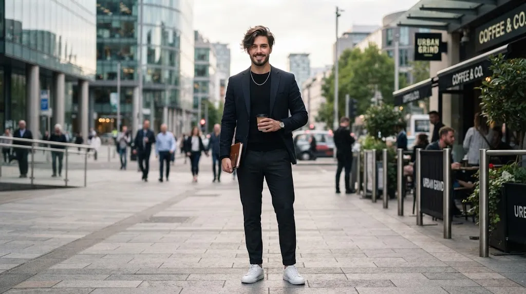 A handsome man with a medium-length textured sweep hairstyle designed to balance a long face shape.