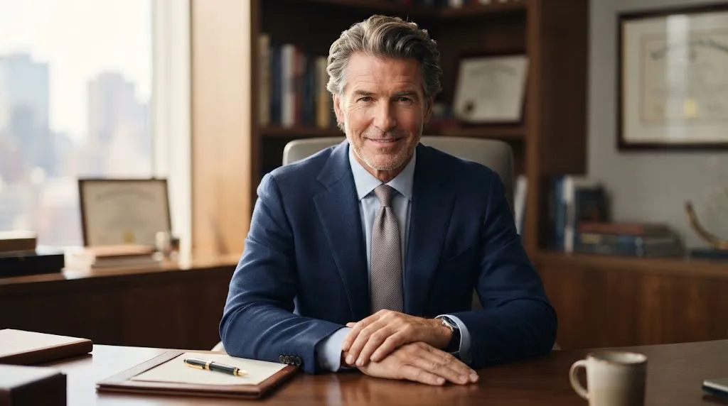 An older man with stylish and clean medium-length swept-back hair looking confident