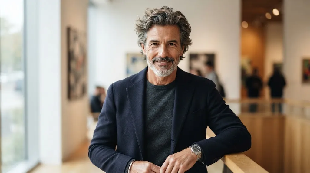An older man with a stylish and modern medium-length textured haircut showing natural movement and volume.