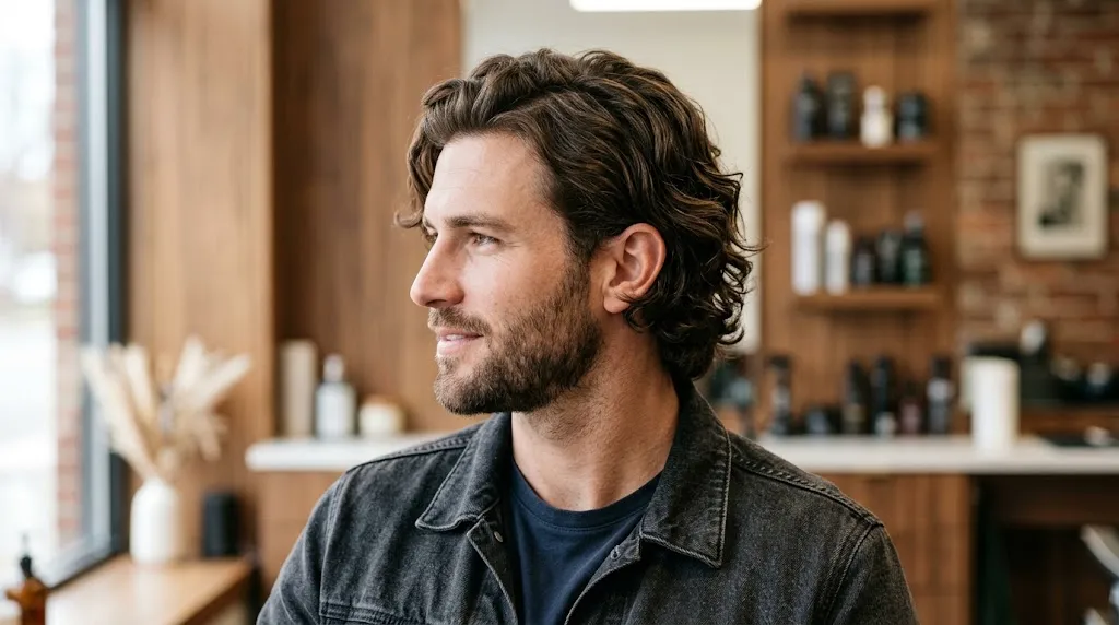Man with medium length thick wavy hair featuring a natural casual flow split haircut with an off-center part.