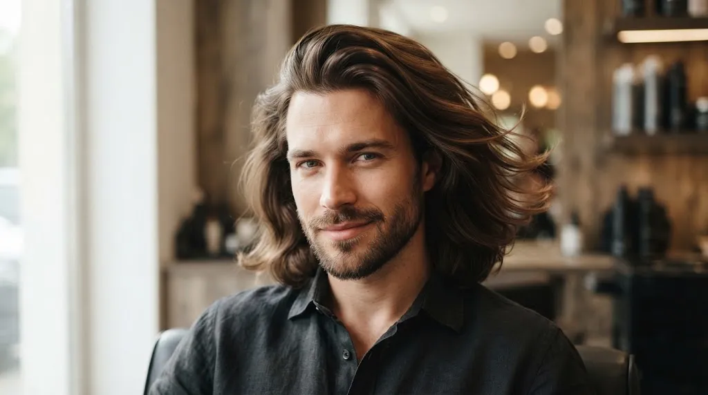 Close-up profile of a man with silky, medium-length flowing hair swept naturally back from his face
