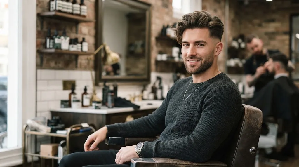 A handsome man with a mid-length textured sweep hairstyle and a clean fade haircut, styled for a long face shape.