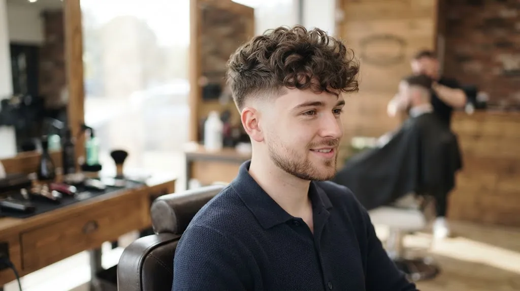 A young man with a modern broccoli cut featuring voluminous curls on top and short clean sides in a barbershop.