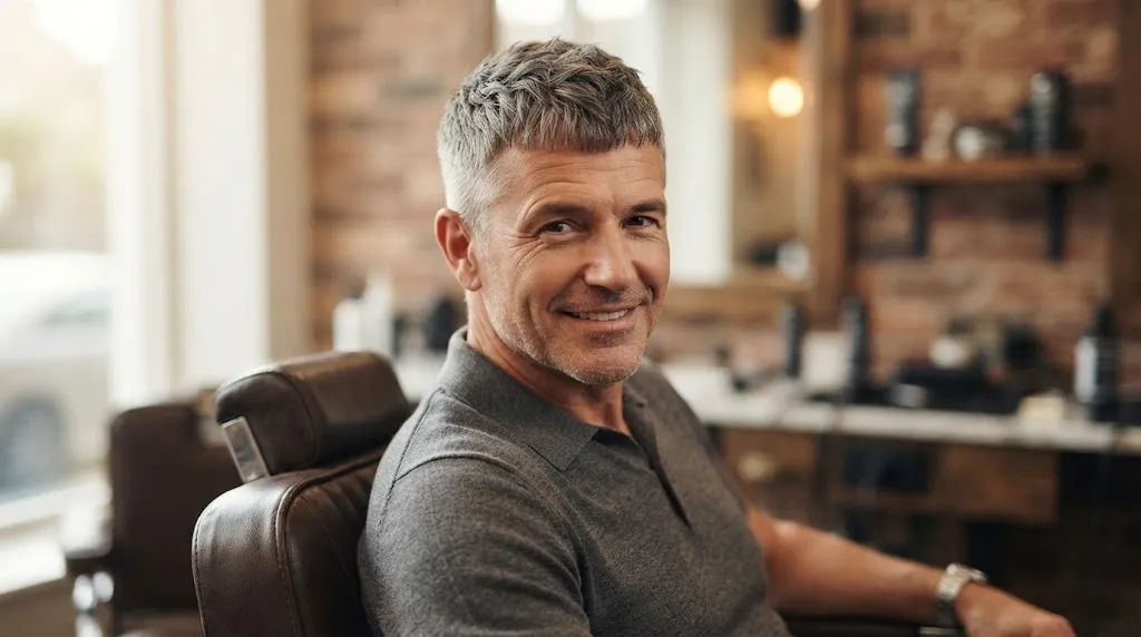 A stylish, mature man with a modern Caesar haircut and salt-and-pepper hair smiling in a barbershop chair.