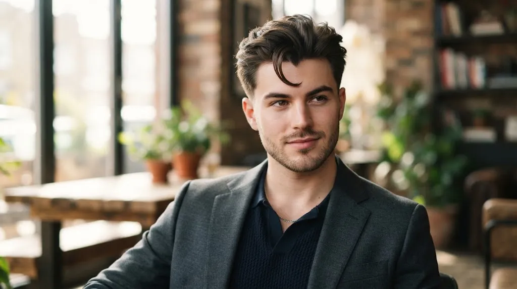 A young man with a trendy modern comma hair style featuring an inward curving fringe over his forehead in a well-lit setting.