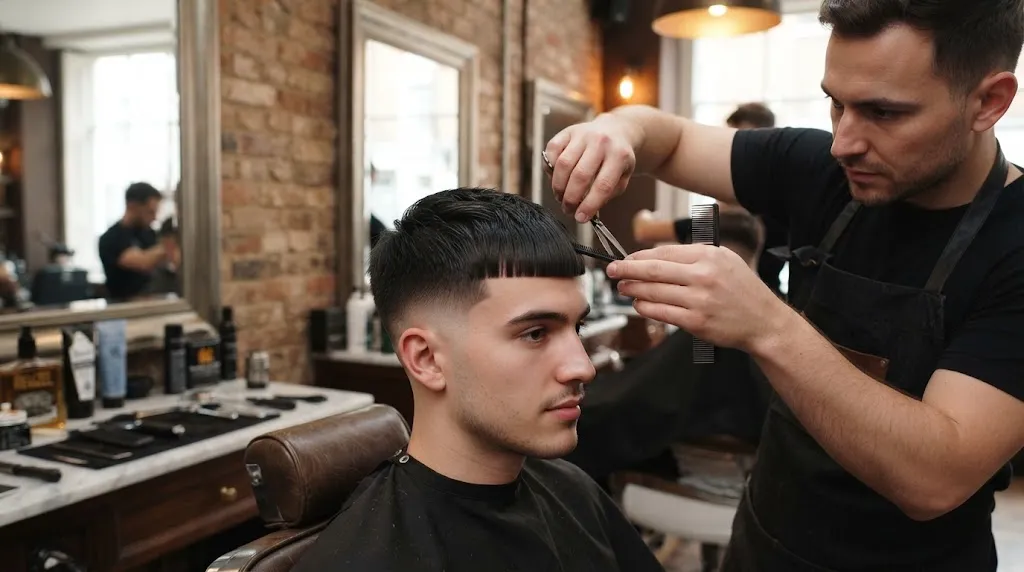 Professional barber styling a modern French crop haircut with clean blunt fringe and textured short sides on silky hair